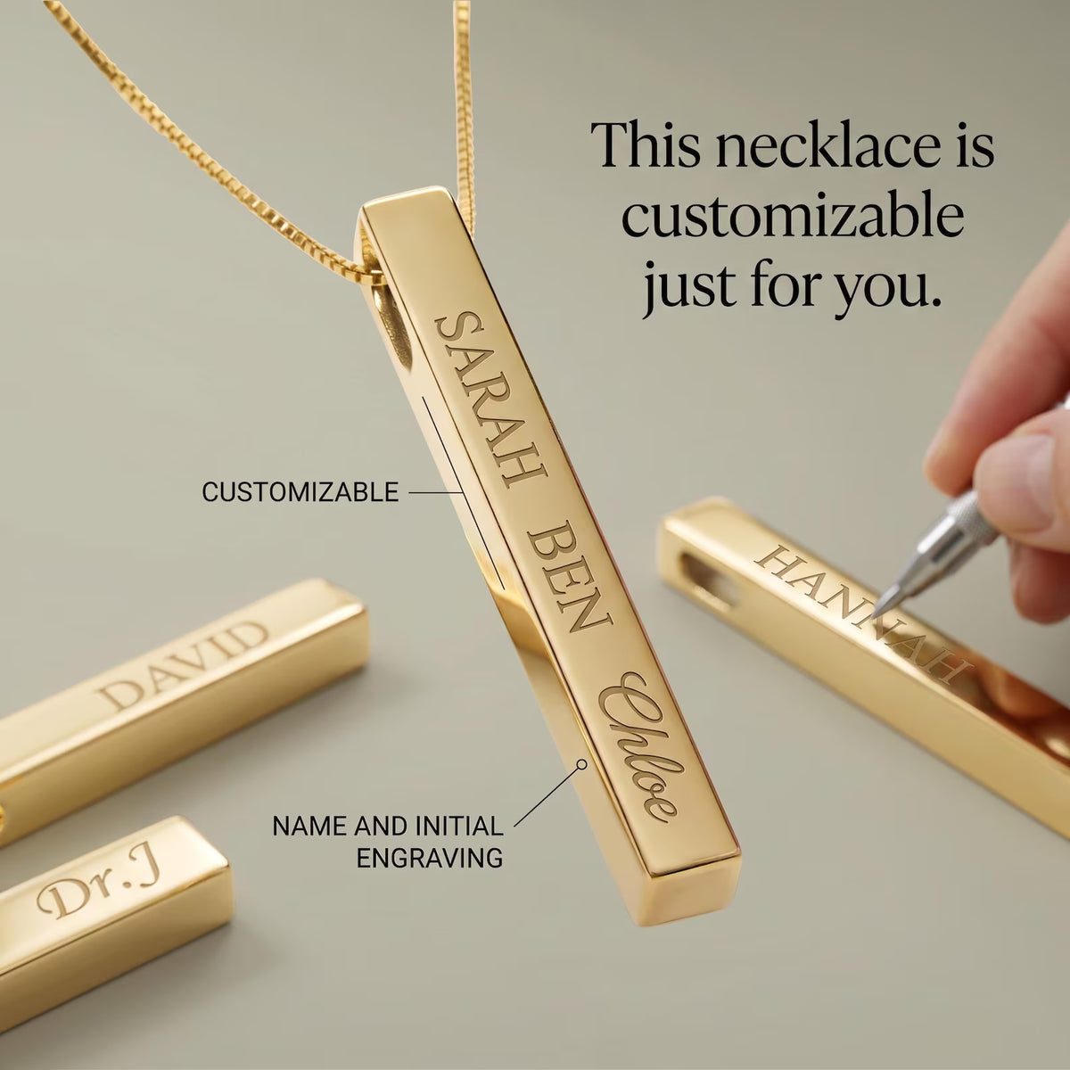 Collana personalizzata con barra verticale nome | Ciondolo inciso in acciaio inossidabile 