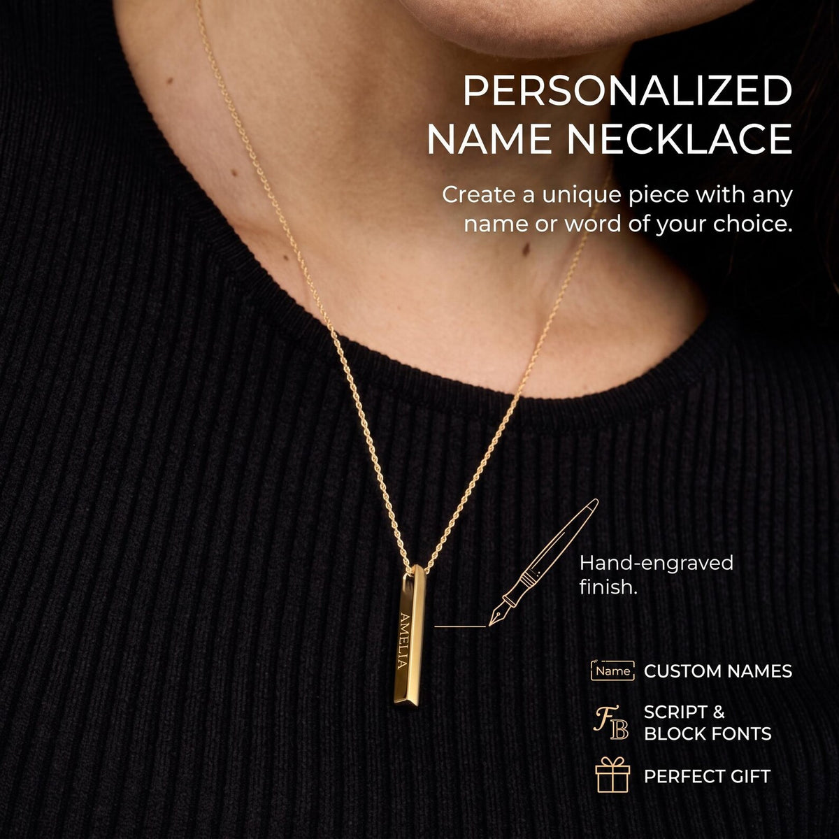 Collana personalizzata con barra verticale nome | Ciondolo inciso in acciaio inossidabile 
